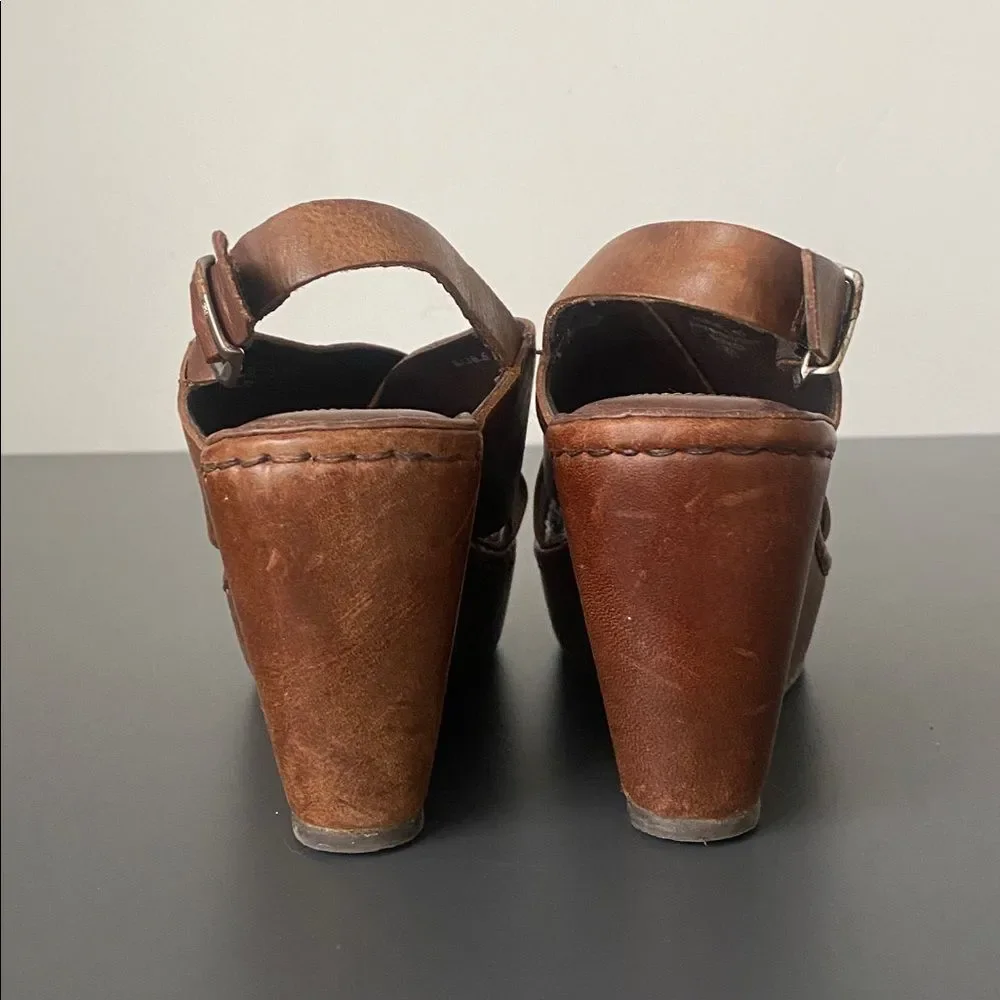 Born Chestnut Leather Wedge Sandals 36.5 (US 6) Boho Chic Coastal Urban Comfy
